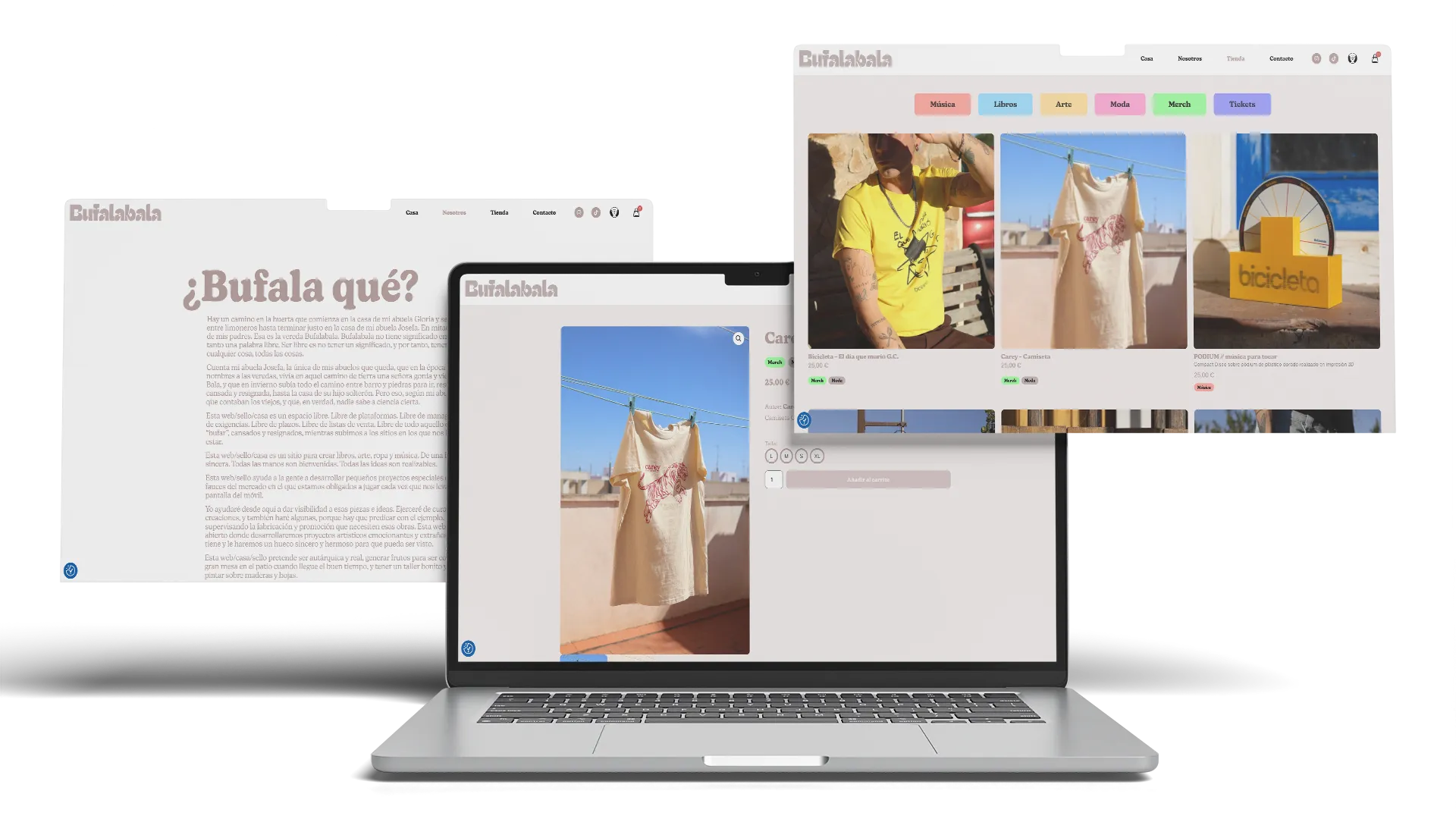 Bufalabala — ficha de producto con playlist o grid de tienda con categorías coloreadas